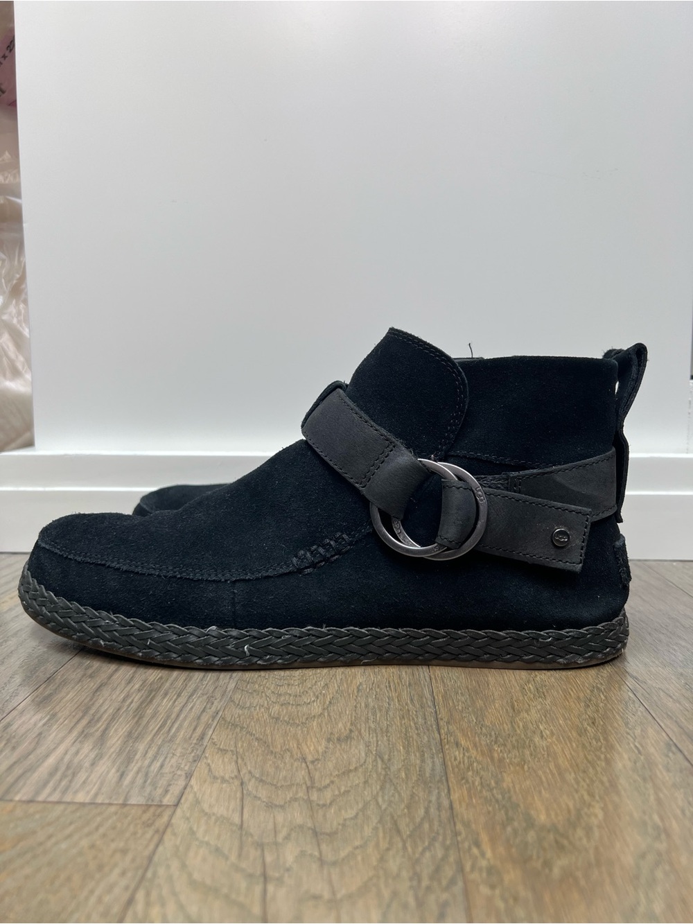UGG Sloane Black Suede Ankle Boots Womans 10 Buckle Strap Braid Detail